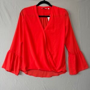 Reitmans Womens Wrap Blouse XS Red Bell Sleeve V-neck Casual Office Lightweight